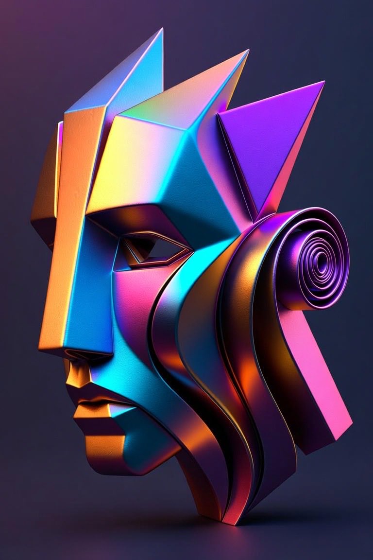 抽象几何 3D 雕塑,形似风格化的侧脸,漂浮在深紫蓝色渐变的虚空中。戏剧性的电影级打光。 雕塑棱角分明、锋利,由相互咬合的金属平面与切面构成,暗示出以下形态: - 一张强而有力的…