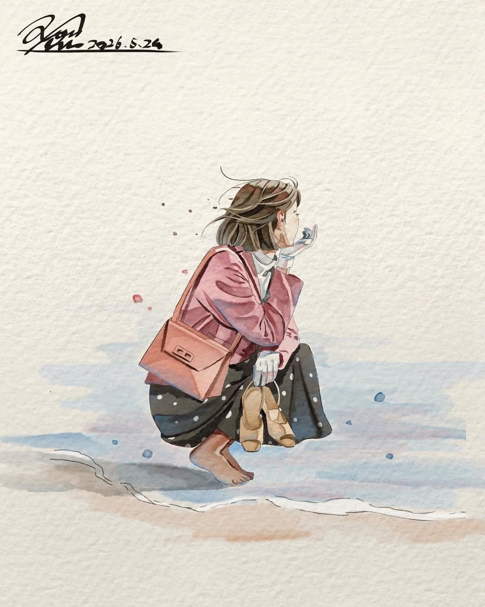 极简水彩插画,画面中一位年轻女子处于自然随性的日常瞬间,柔和的手绘动漫美学,细腻的墨线勾勒,带纹理的水彩纸背景,低饱和度柔和粉彩色调,富有表现力的姿态,飘逸的衣褶,主体周围点缀着…
