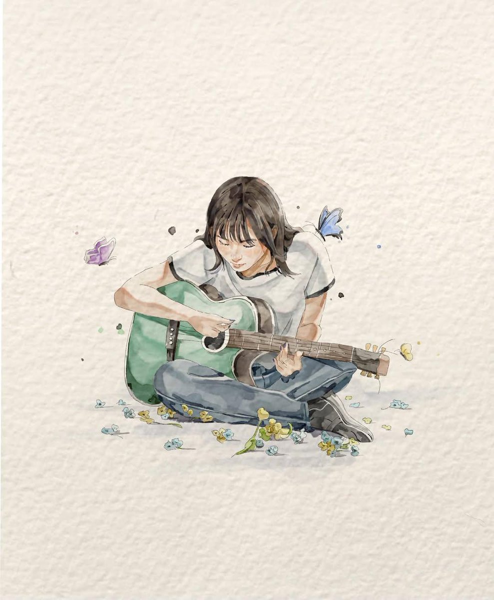 极简水彩插画,画面中一位年轻女子处于自然随性的日常瞬间,柔和的手绘动漫美学,细腻的墨线勾勒,带纹理的水彩纸背景,低饱和度柔和粉彩色调,富有表现力的姿态,飘逸的衣褶,主体周围点缀着…