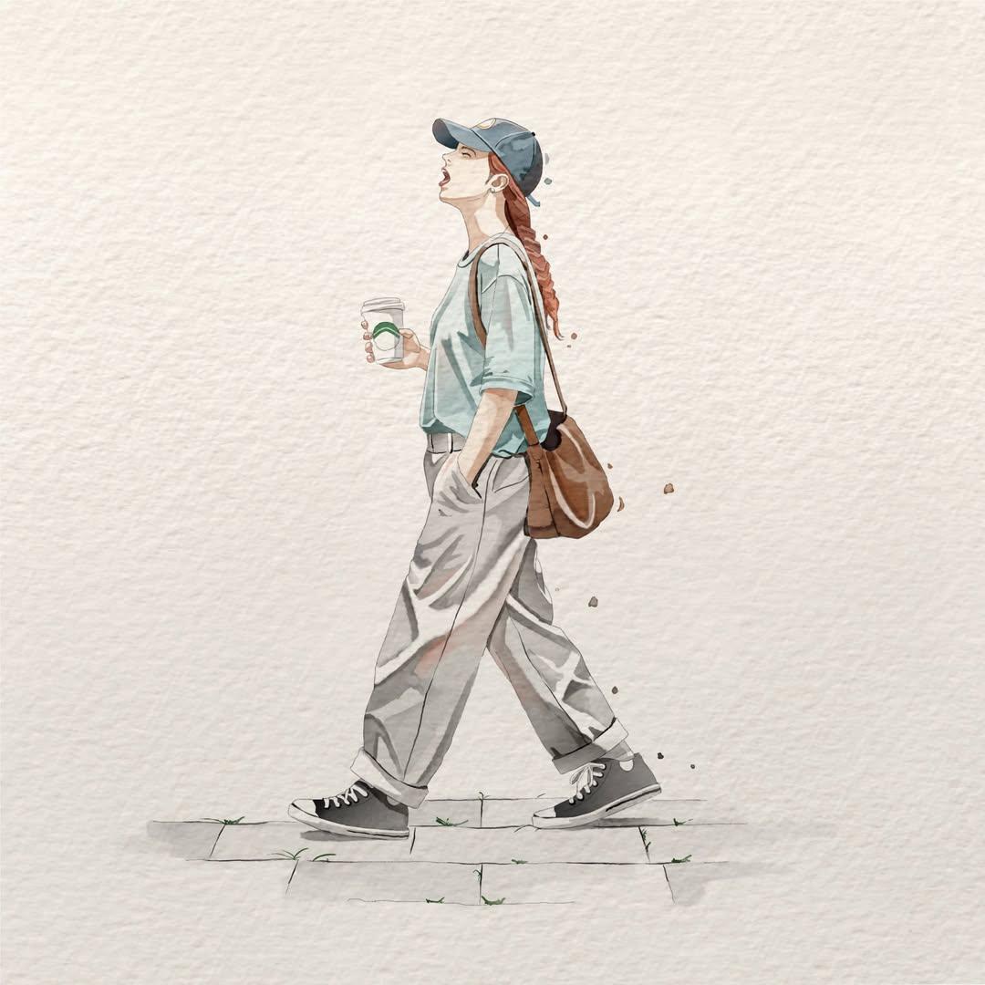 极简水彩插画,画面中一位年轻女子处于自然随性的日常瞬间,柔和的手绘动漫美学,细腻的墨线勾勒,带纹理的水彩纸背景,低饱和度柔和粉彩色调,富有表现力的姿态,飘逸的衣褶,主体周围点缀着…