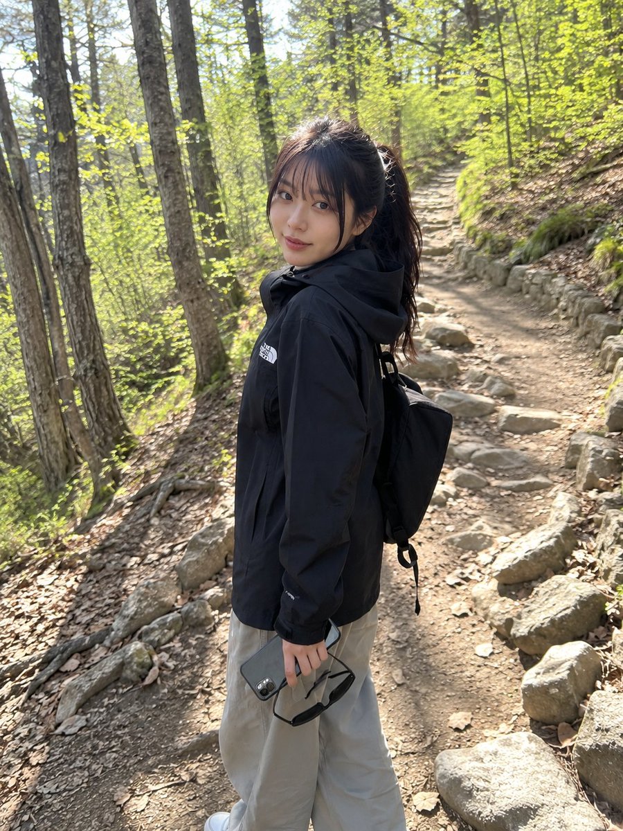 一位年轻的日本女性正在进行轻松的徒步旅行，站在一条崎岖的森林小径上，周围环绕着树木、落叶和自然的林地景色。她身穿一件宽松的黑色户外夹克，搭配宽松的浅灰色徒步裤…