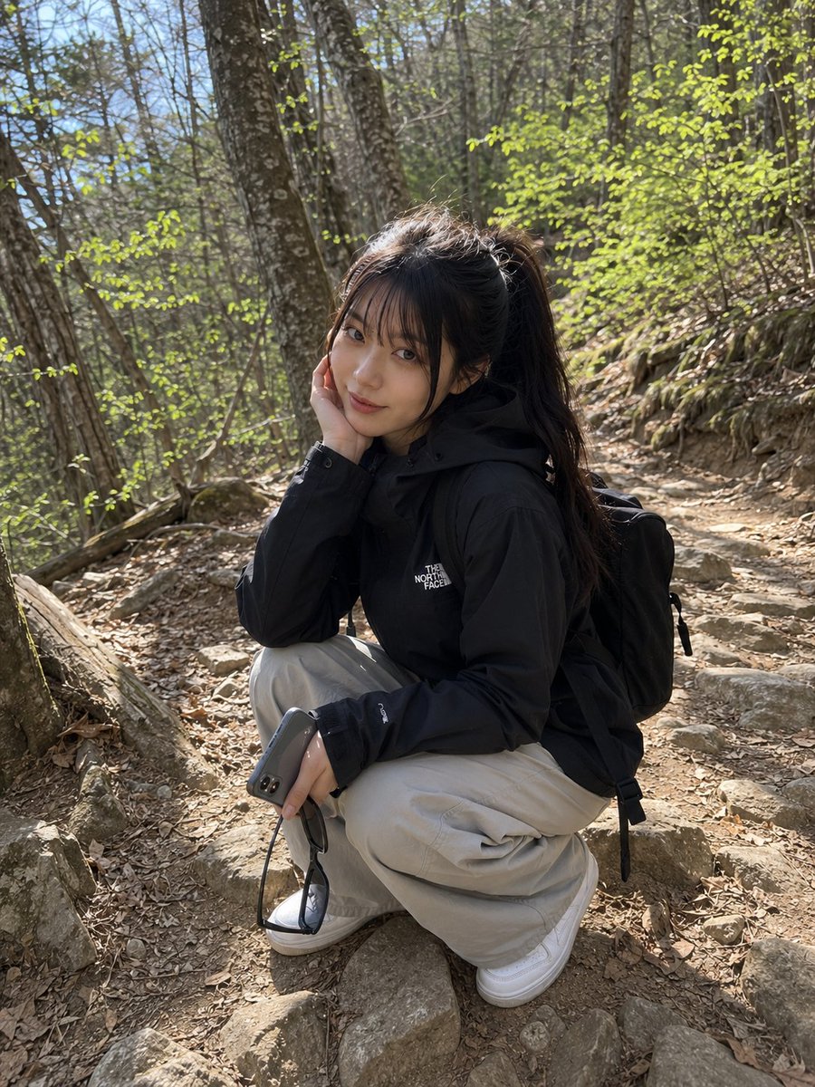 一位年轻的日本女性正在进行轻松的徒步旅行,站在一条崎岖的森林小径上,周围环绕着树木、落叶和自然的林地景色。她身穿一件宽松的黑色户外夹克,搭配宽松的浅灰色徒步裤、白色运动鞋,背着一…