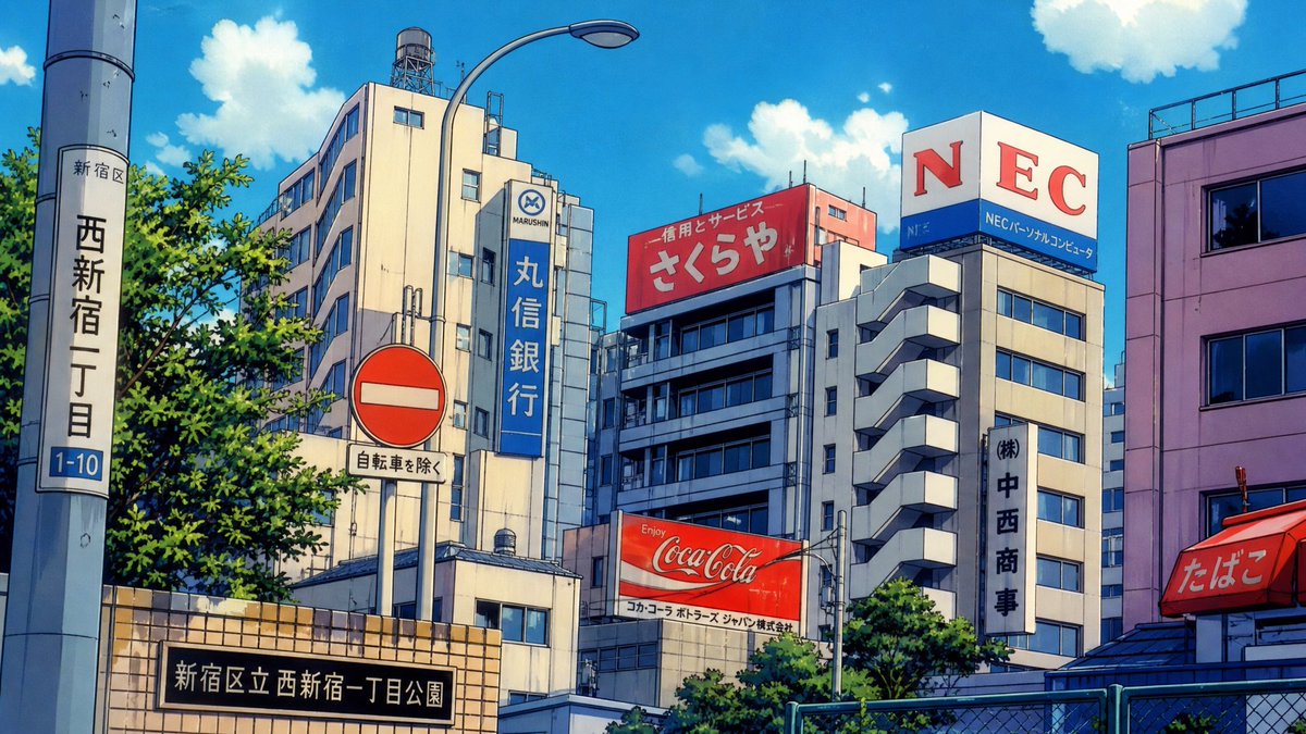 复古1980年代动漫风格,手绘赛璐珞动画,场景设定在所附环境参考图中的阳光明媚的城市街道——高楼林立,遍布日文招牌和广告,蔚蓝天空点缀着朵朵白云,温暖日光。@ Video1 是一…