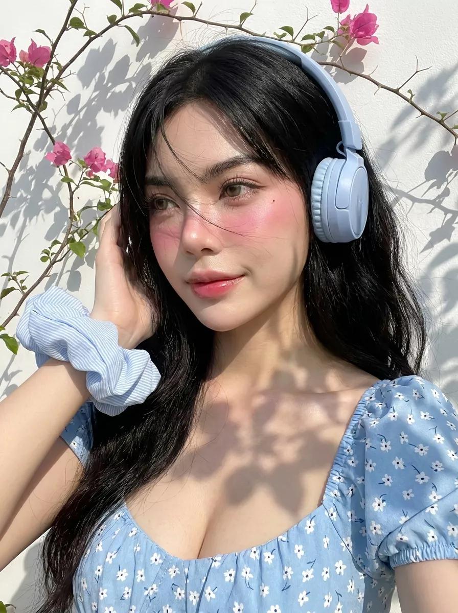 镜头类型： 特写肖像。梦幻、沐浴阳光的夏日美学。 主体与美妆标志（Glo 人设）： 一位来自参考图的美丽年轻女性。 * **肌肤：** 她标志性的“Signature Gloor…