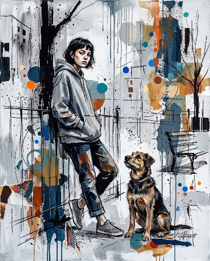 当代混合媒介城市绘画，画中[HUMAN]身着[CLOTHING]，以[POSE]立于[ANIMAL]旁，背景为[SCENERY]。在冷灰色与白色底色上运用[COLORS]，并伴有…