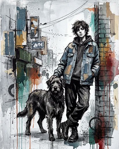 当代混合媒介城市绘画，画中[HUMAN]身着[CLOTHING]，以[POSE]立于[ANIMAL]旁，背景为[SCENERY]。在冷灰色与白色底色上运用[COLORS]，并伴有…