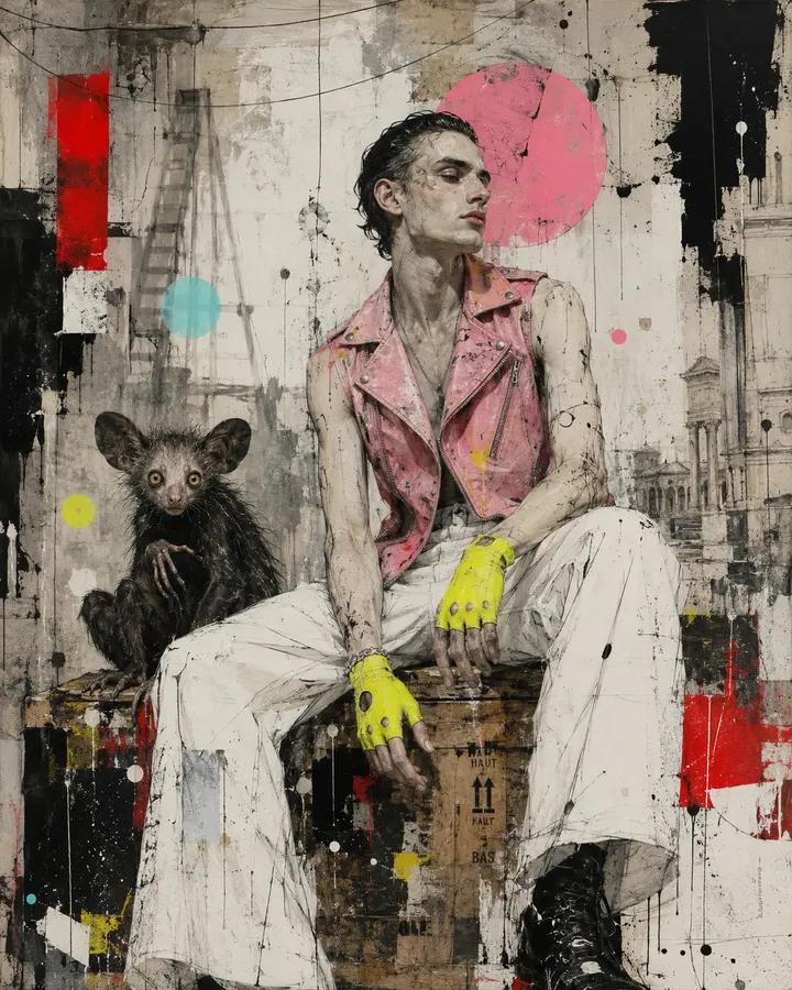 当代混合媒介城市绘画，画中[HUMAN]身着[CLOTHING]，以[POSE]立于[ANIMAL]旁，背景为[SCENERY]。在冷灰色与白色底色上运用[COLORS]，并伴有…