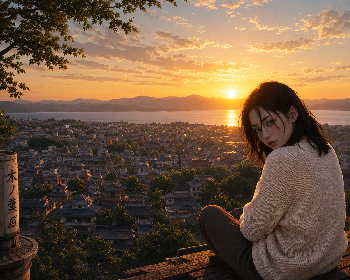 超写实电影感日落场景，一位美丽的年轻女子留着黑色短发，坐在木质屋顶的边缘，身穿米白色超大针织毛衣和深色长裤，以平静而略带神秘的神情回望镜头。下方是一座广阔的城市，传统屋顶与郁郁葱…