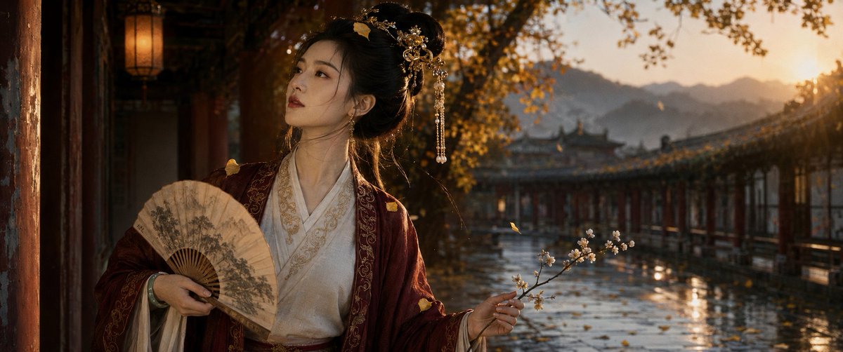 GPT- image 2 prompt 👇 一张影视级电影感古装人像，主体是一位黑发亚洲女性，发髻高挽，几缕散发垂落于耳侧与颈部，头戴精致鎏金步摇与珍珠流苏发…