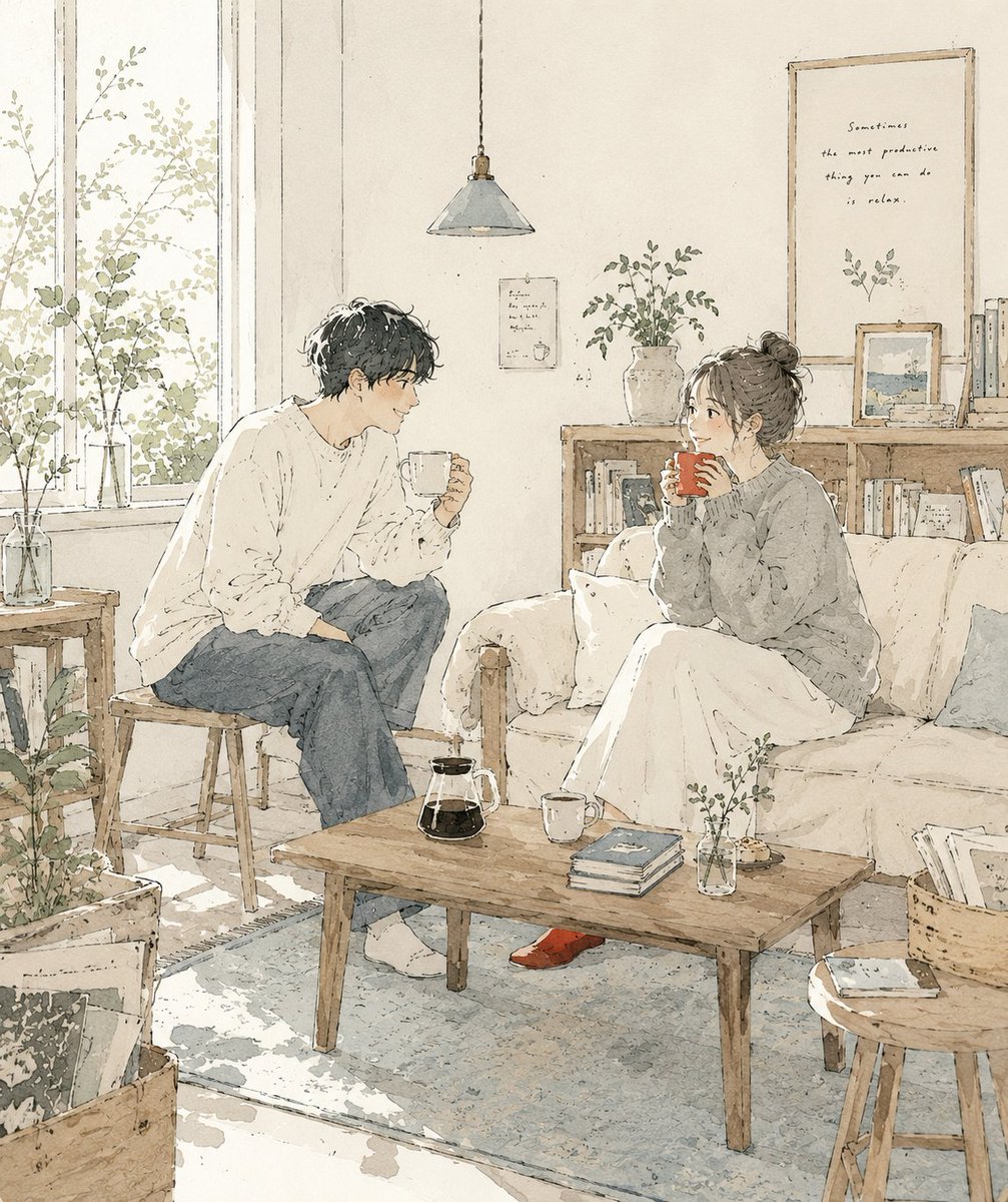 创作一幅精致的当代日本生活方式插画，营造温馨的日常生活氛围。 艺术风格 手绘钢笔素描插画，细腻富有表现力的线条，宽松不完美的轮廓，极简编辑艺术风格，柔和的水彩…