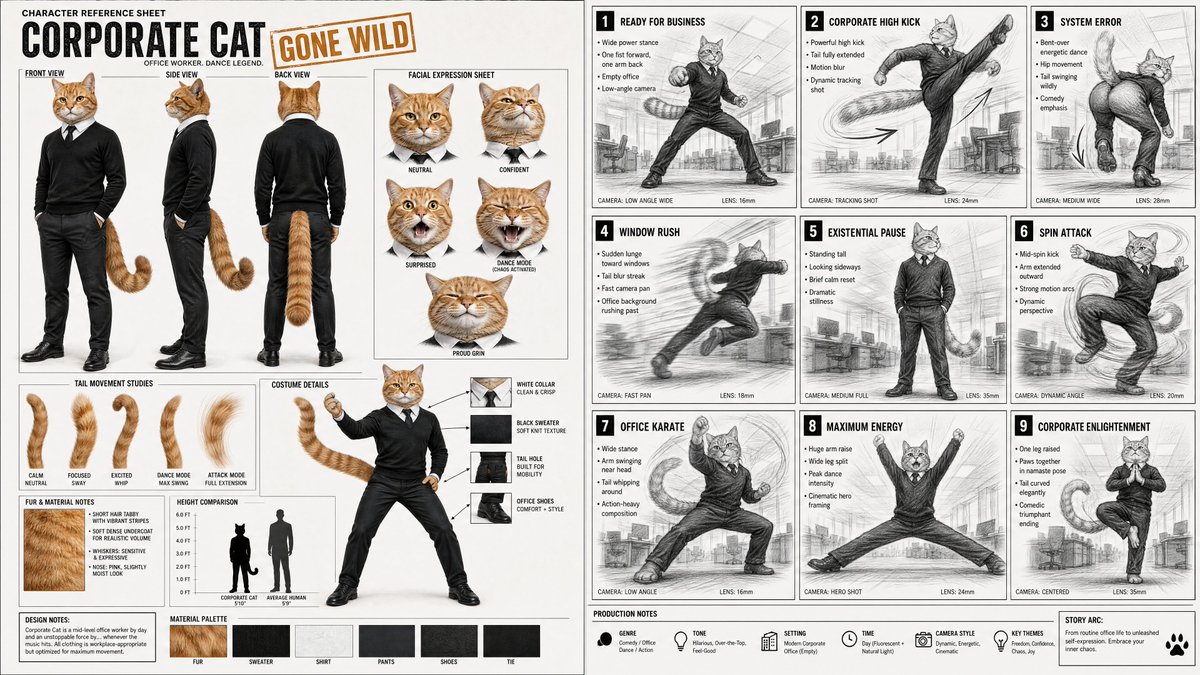 分镜提示 标题：CORPORATE CAT GONE WILD（公司猫疯狂起舞）—— 9格电影分镜 + 角色参考表 创建一个宽幅专业电影制作分镜信息图，将完整…