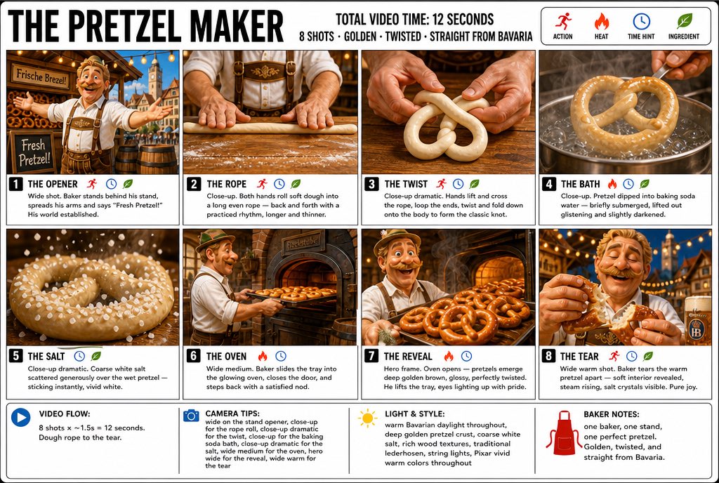 “为「碱水面包师」(THE PRETZEL MAKER) 制作一张清晰、简洁的信息图式故事板海报。宽幅 16:9 布局，白色背景，黑色边框，粗体黑色字体，高级…