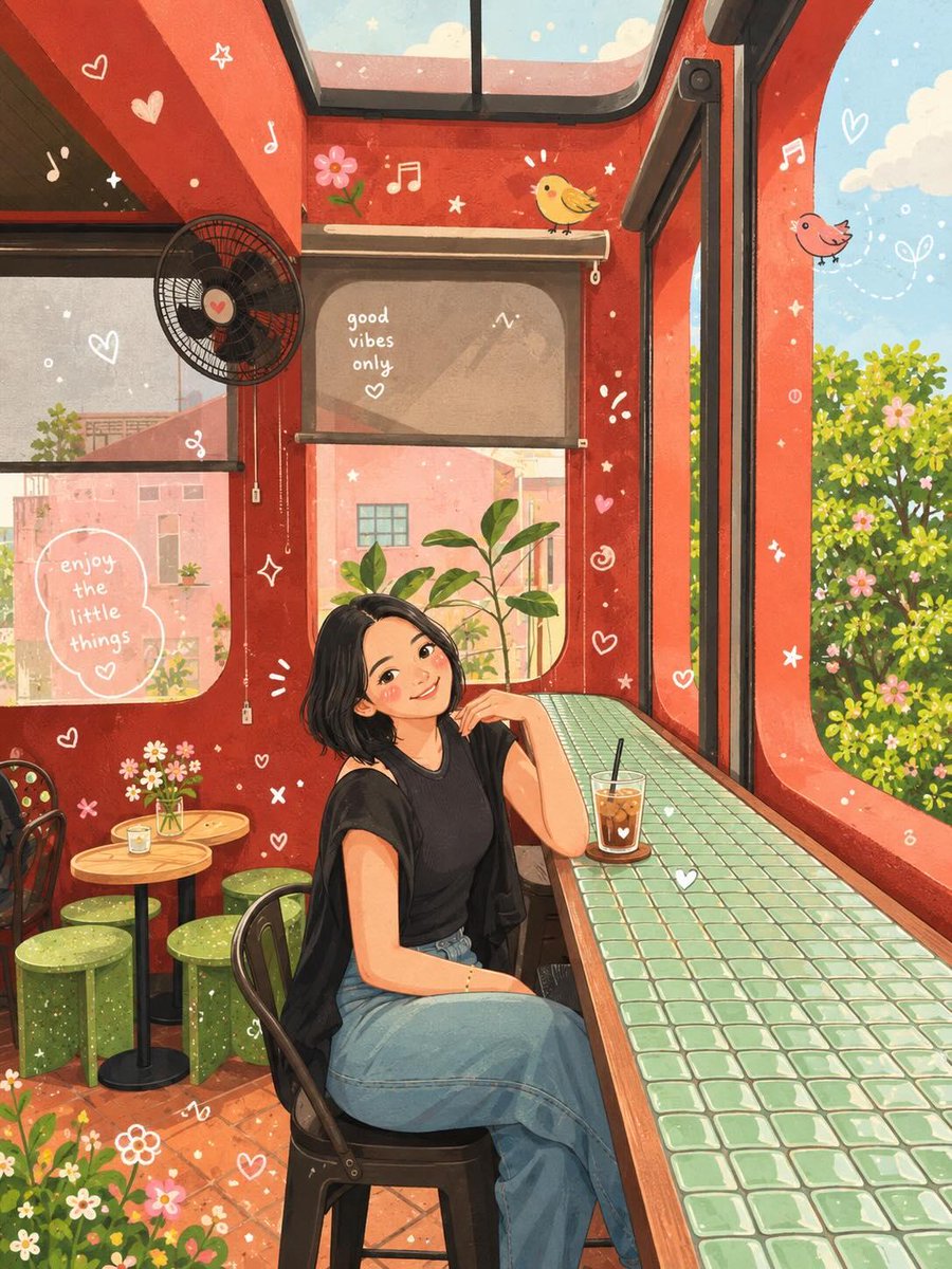 将上传的照片转换为温馨奇趣的童话绘本插画风格,营造温暖的咖啡馆氛围。严格保留原图人物的确切姿势、五官特征、发型、服装以及构图。将场景设定在一间迷人的阳光咖啡馆内,配备大窗户、郁郁…