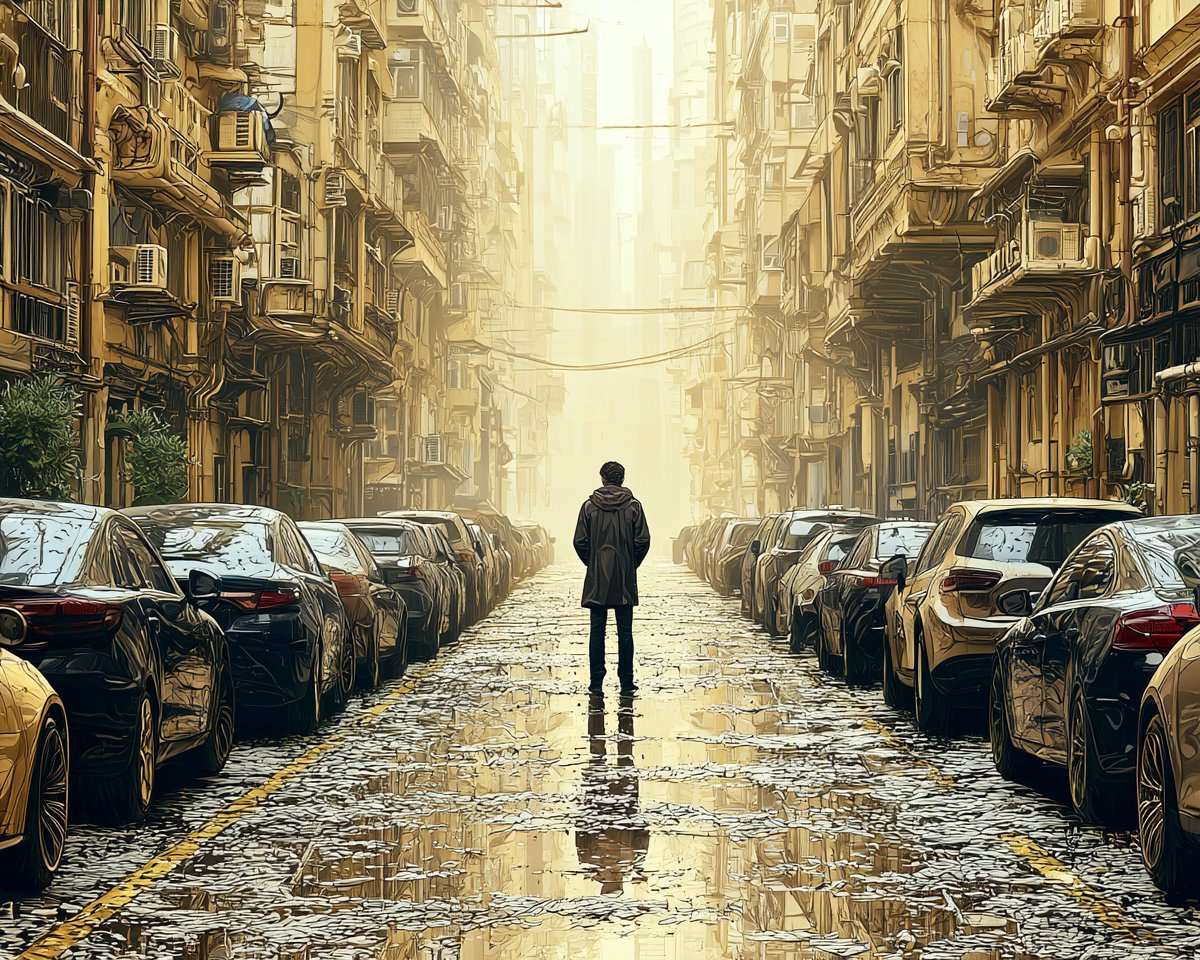 一个孤独的身影站在狭窄的、被雨水浸透的小巷中，层层叠叠的建筑，柔和的雾气，远处的光线，湿润的路面，静谧的电影感氛围 图像 01：无 SREF 图像 02：--sref 24782…