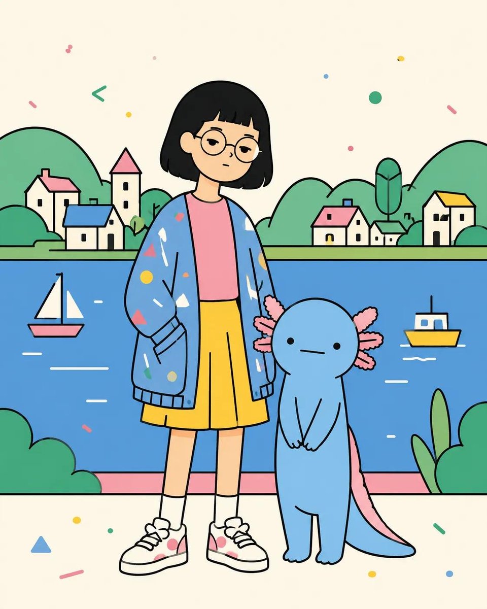 俏皮的扁平矢量海报插画，画面中[HUMAN]与[ANIMAL]以[POSE]姿势合影，身穿[CLOTHING]，背景设定在[SCENERY]。使用干净粗黑的轮廓线、简洁圆润的几何…