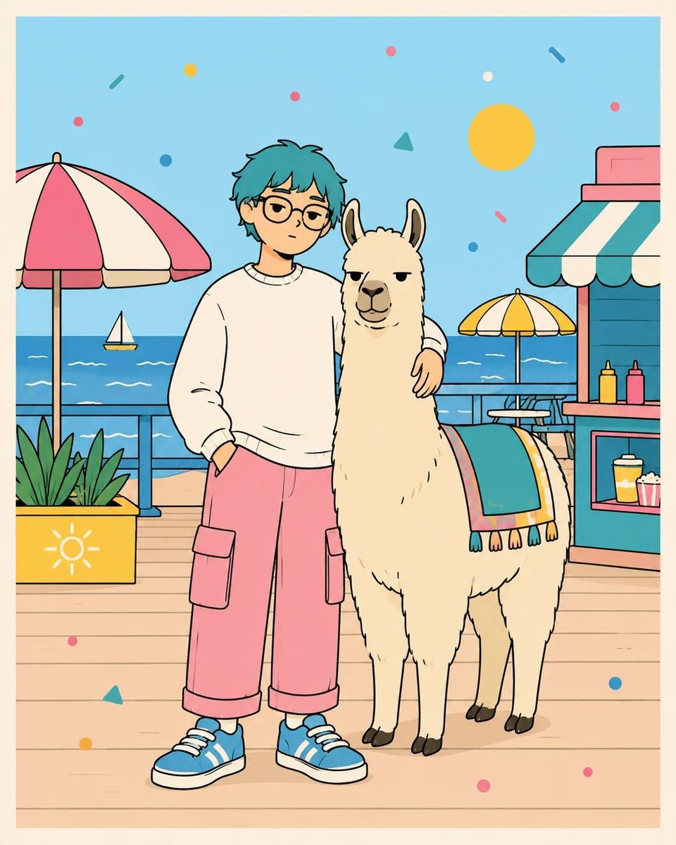 俏皮的扁平矢量海报插画，画面中[HUMAN]与[ANIMAL]以[POSE]姿势合影，身穿[CLOTHING]，背景设定在[SCENERY]。使用干净粗黑的轮廓线、简洁圆润的几何…