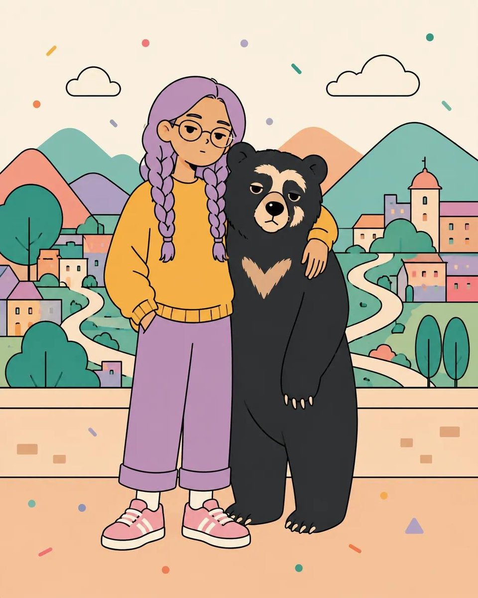 俏皮的扁平矢量海报插画，画面中[HUMAN]与[ANIMAL]以[POSE]姿势合影，身穿[CLOTHING]，背景设定在[SCENERY]。使用干净粗黑的轮廓线、简洁圆润的几何…