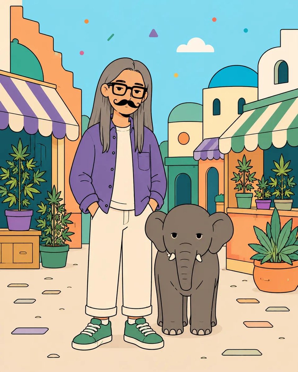 俏皮的扁平矢量海报插画，画面中[HUMAN]与[ANIMAL]以[POSE]姿势合影，身穿[CLOTHING]，背景设定在[SCENERY]。使用干净粗黑的轮廓线、简洁圆润的几何…
