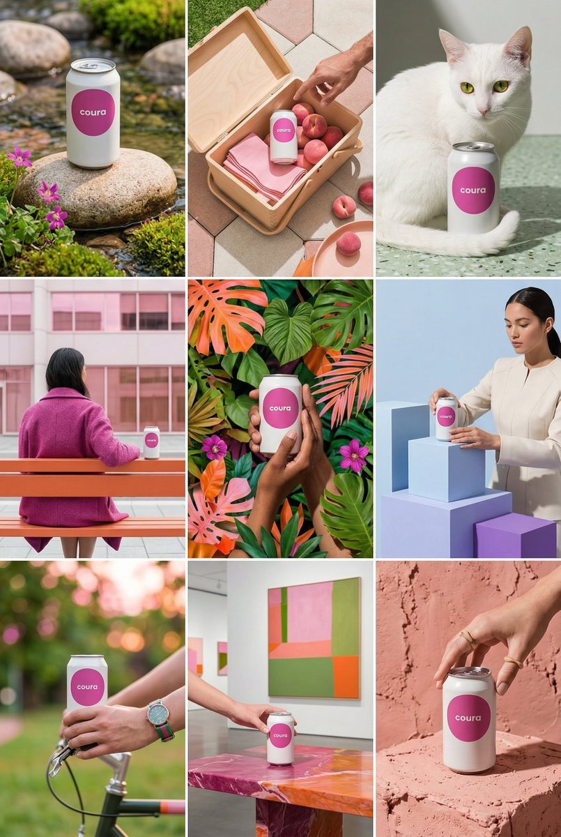 为这款产品设计一个 9 图 Instagram 主页，保持 [相同的美学风格]。使用多样化的地点、角度和构图 —— 融入人物、动物、自然和不同的环境，同时保持视觉风格的统一。 提…
