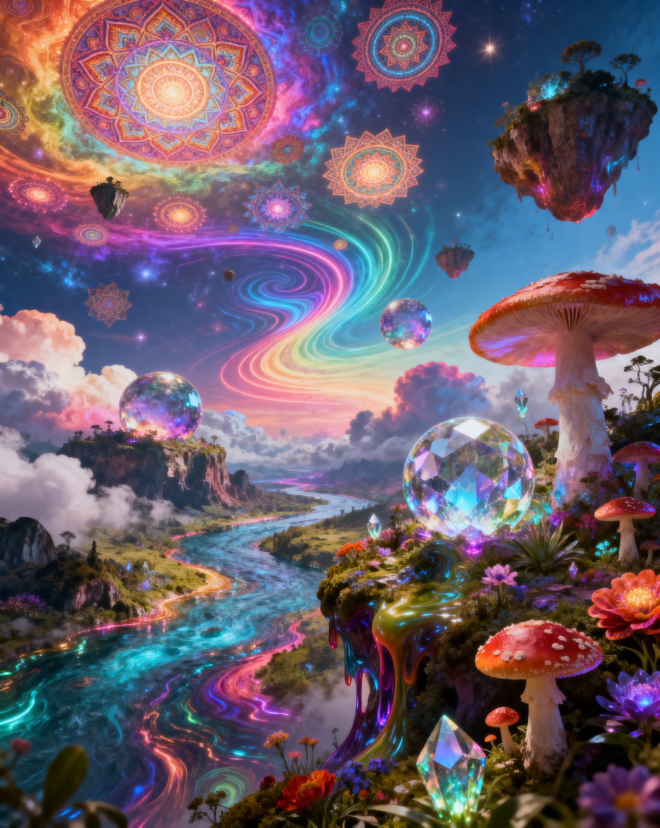 迷幻主题 @SocialSight Seedream 4 提示词 一个超现实的迷幻梦境场景,充斥着不可能的几何图形、旋转流动的液体色彩、万花筒般的图案、漂浮的…