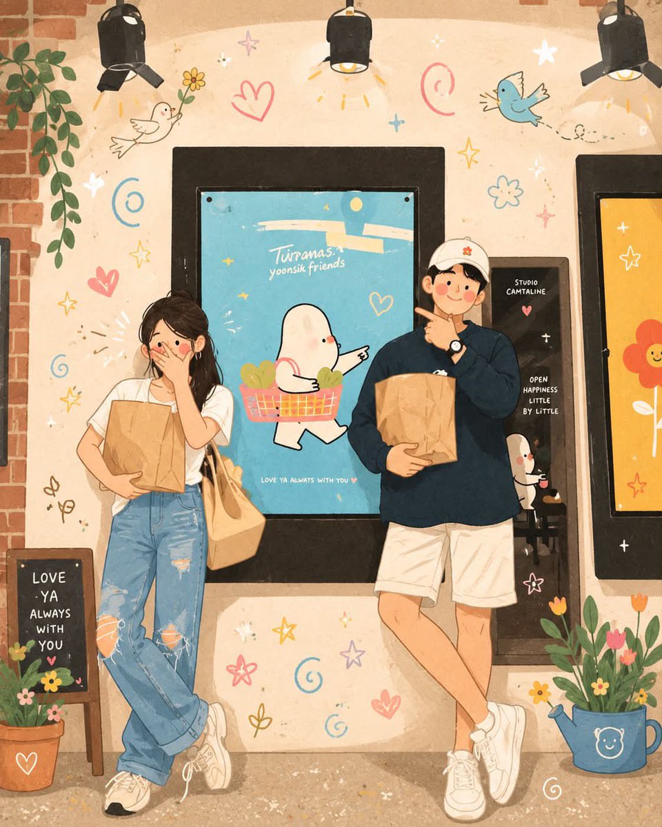 俏皮的韩式插画，柔和的马卡龙色调，温馨舒适的美学，手绘数字艺术，场景中散布着可爱的涂鸦元素（爱心、星星、漩涡、小鸟、花朵、云朵），温暖的阳光与梦幻氛围，干净的…