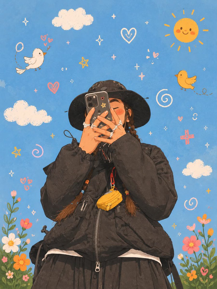 俏皮的韩式插画，柔和的马卡龙色调，温馨舒适的美学，手绘数字艺术，场景中散布着可爱的涂鸦元素（爱心、星星、漩涡、小鸟、花朵、云朵），温暖的阳光与梦幻氛围，干净的线条，害羞的红扑扑脸…