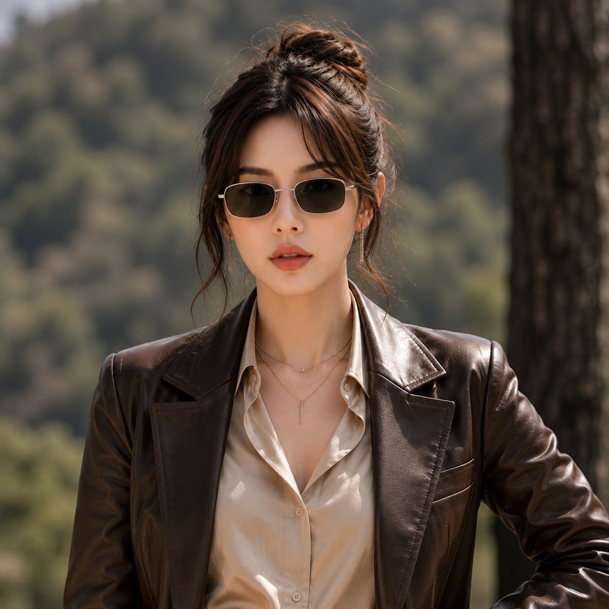 超现实时尚人像，一位优雅女性（参考图像中提供的面部）站在户外山林森林环境中，直视镜头。深棕色头发，蓬松随意的低发髻，脸颊两侧有柔和的碎发垂落，戴着细长方形黑色…