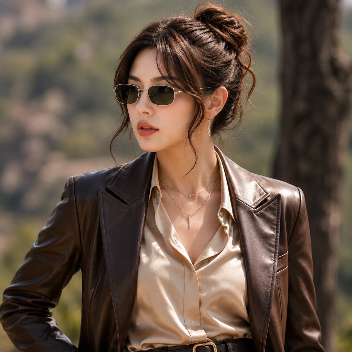 超现实时尚人像，一位优雅女性（参考图像中提供的面部）站在户外山林森林环境中，直视镜头。深棕色头发，蓬松随意的低发髻，脸颊两侧有柔和的碎发垂落，戴着细长方形黑色墨镜，精致垂坠耳饰…