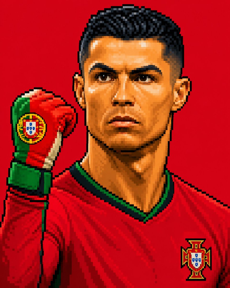 以方形为灵感的 FIFA 世界杯 2026 个人肖像画,采用 4:5 宽高比,以上传的图片作为姿势、构图、身份和像素艺术风格的精确参考。创建一个细节丰富的复古像素艺术风格的主体…