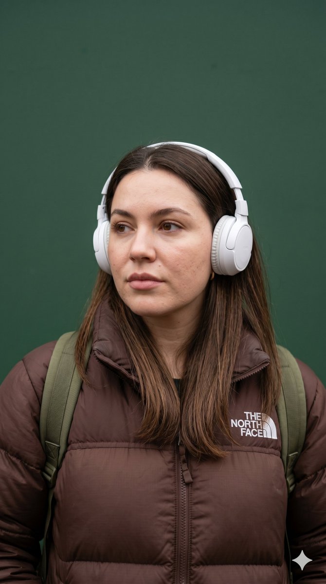 超现实的生活方式人像照：一位二十出头的年轻女性，拥有柔和的鹅蛋脸，中性偏白肤色呈现出真实的自然质感，带有淡淡的红晕和柔和的哑光妆面。她有着长直的中棕色头发，中…