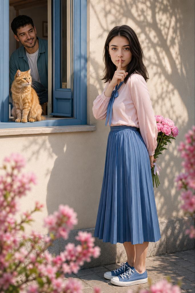 一幅充满活力、高度细致、超现实逼真的图像，呈现一个俏皮的春日场景。一位美丽的年轻女子站在一栋米黄色光滑外墙的房子外，用手指抵在唇边做出一个"嘘"的秘密手势，同时俏皮地将一束粉色鲜…