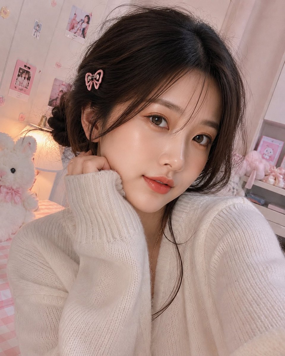 超写实室内特写自拍照，一位美丽女性（面部参考所给图像）拥有无瑕白皙的肌肤、柔和自然的妆容、水润珊瑚粉唇色、淡淡的蜜桃色腮红、轮廓分明的眉毛，以及直视镜头的温暖…