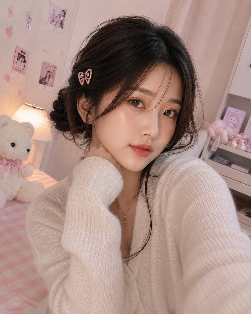 超写实室内特写自拍照,一位美丽女性(面部参考所给图像)拥有无瑕白皙的肌肤、柔和自然的妆容、水润珊瑚粉唇色、淡淡的蜜桃色腮红、轮廓分明的眉毛,以及直视镜头的温暖棕色眼睛。她有着深棕…