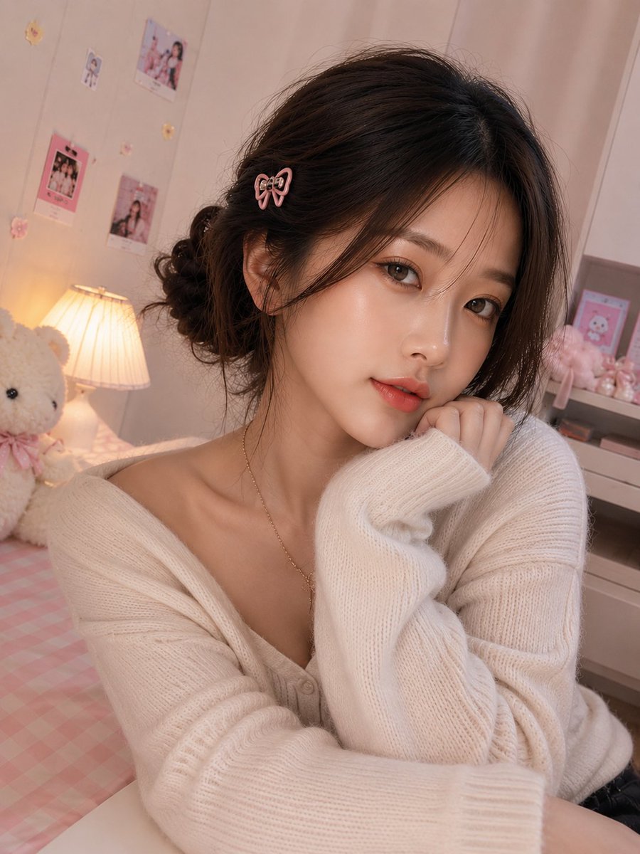 超写实室内特写自拍照,一位美丽女性(面部参考所给图像)拥有无瑕白皙的肌肤、柔和自然的妆容、水润珊瑚粉唇色、淡淡的蜜桃色腮红、轮廓分明的眉毛,以及直视镜头的温暖棕色眼睛。她有着深棕…