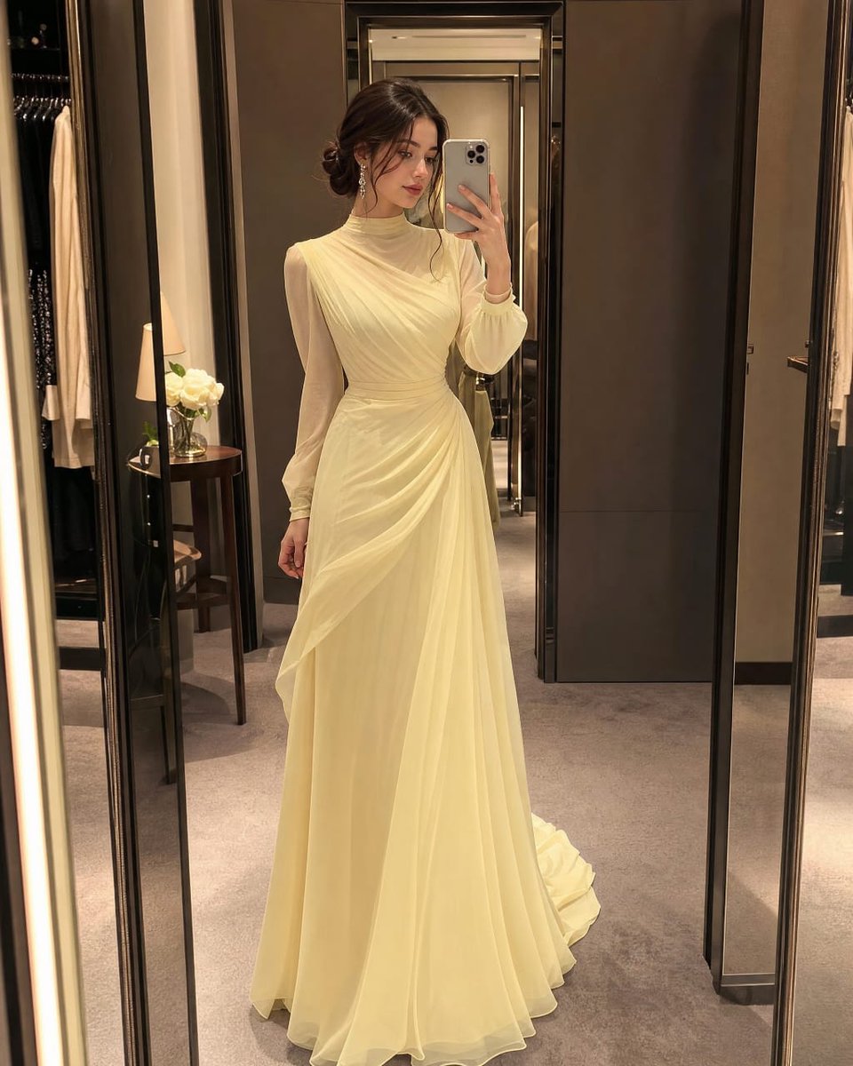 超写实全身镜面自拍，一位美丽的年轻女子身着一袭灵感源自高级时装定制时装的柔和粉彩奶油黄奢华晚礼服。优雅的及踝长裙，设计端庄精致，面料为层叠飘逸的雪纺，剪裁为精…
