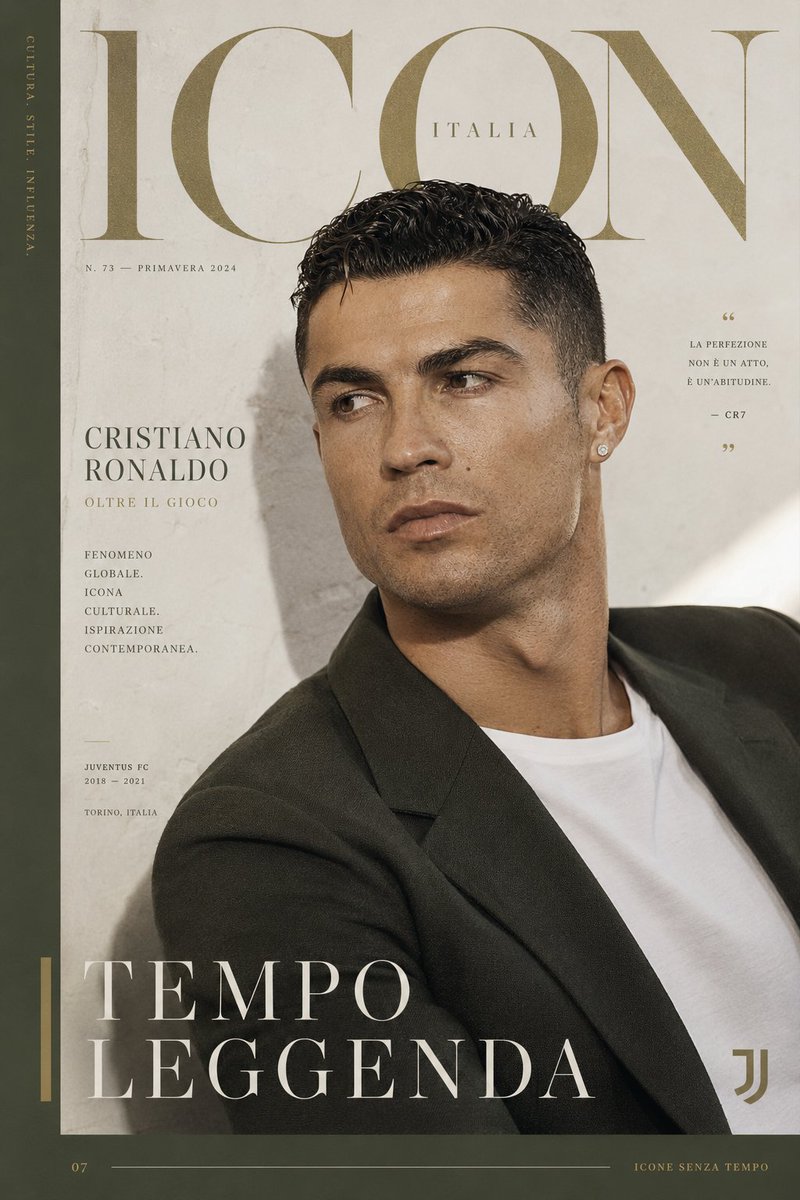 创作一幅高端的克里斯蒂亚诺·罗纳尔多（Cristiano Ronaldo）海报，灵感源自意大利时尚杂志、奢华编辑摄影以及当代视觉文化。采用尤文图斯时期的罗纳尔…