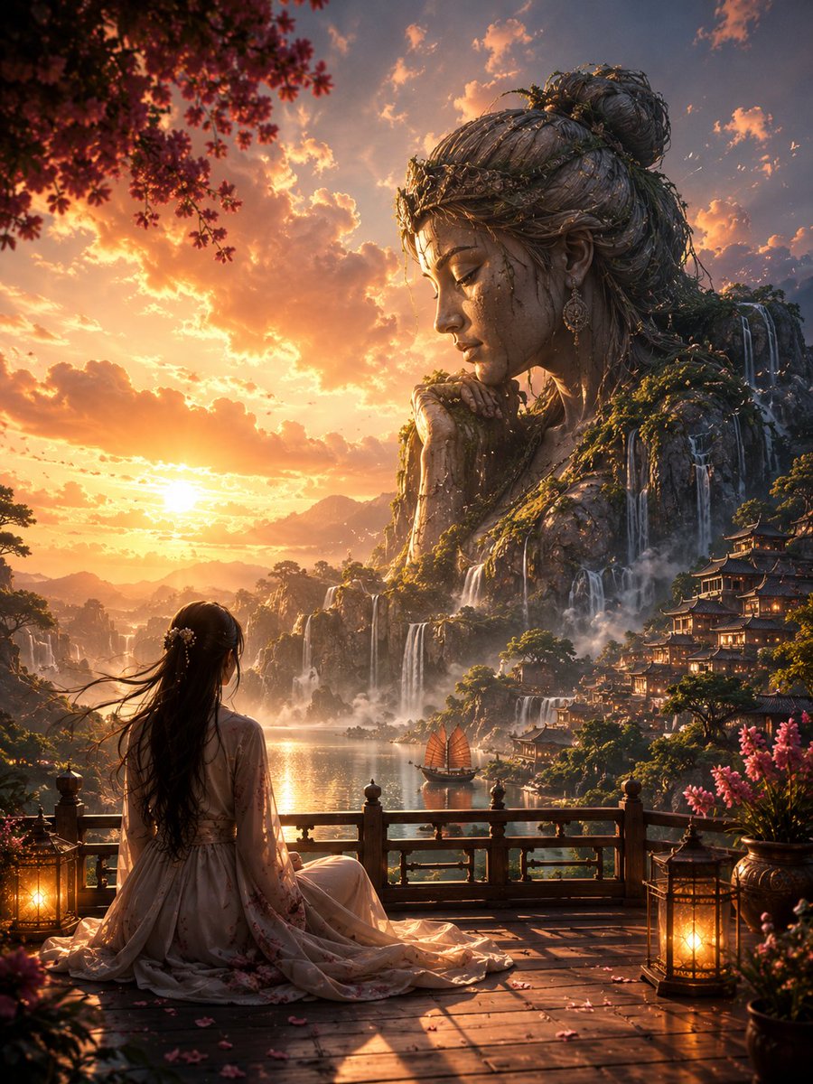 创作一幅超写实电影级奇幻艺术作品，画幅比例为竖向 4:5。 一位优雅的年轻女子安静地坐在一座雅致的木质露台上，俯瞰金色时刻的魔法山谷。她身穿一件带有精致刺绣的…