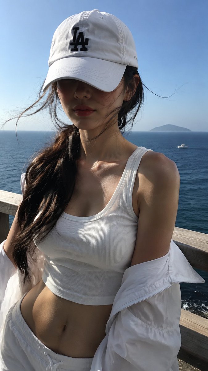 GPT 图像 2 的提示词: 创建图像 超写实的随性智能手机照片,纵向 9:16。一位年轻女性在近距离的海边场景中,站在或倚靠在一道木质海岸栏杆旁。她身后是一片明亮的蓝色海洋,远…