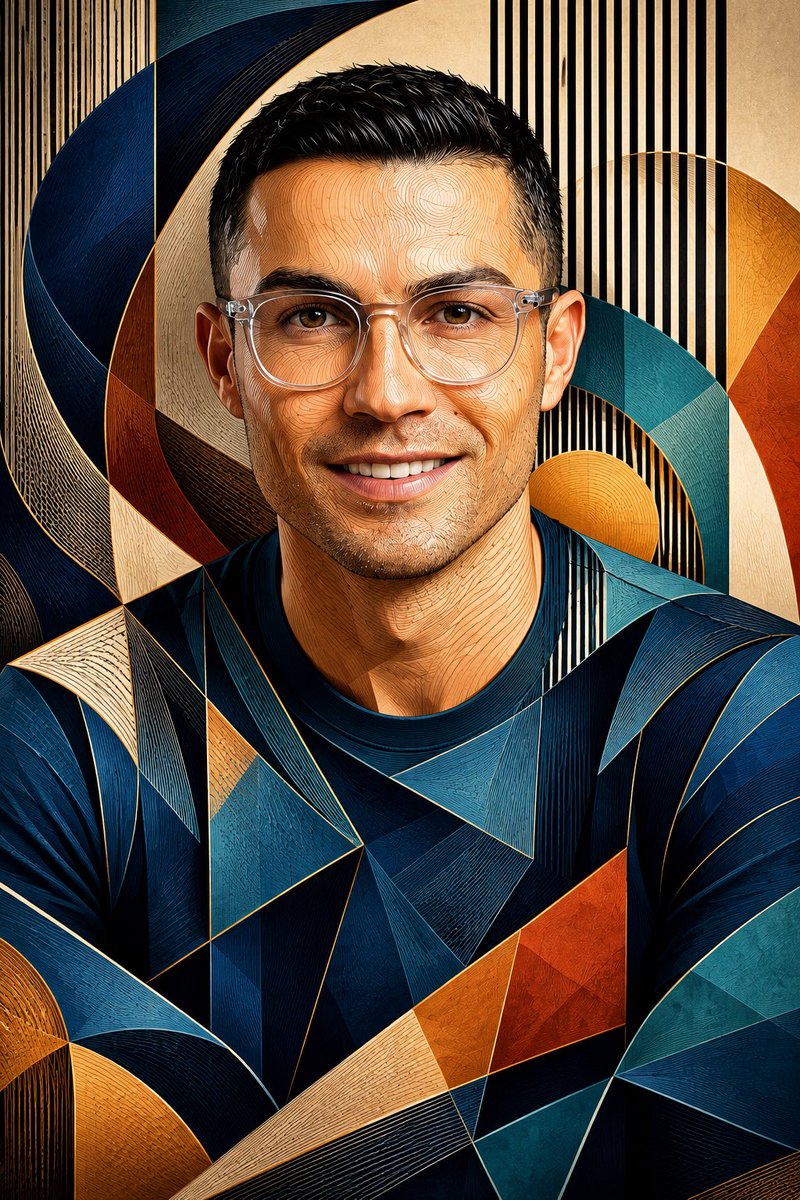 将上传的肖像画转化为融合光学轮廓线插画与现代几何立体主义的杰作。严格保留原人物的面部特征、眼镜、发型、年龄、肤色及面部比例。用数百条流畅的垂直轮廓线勾勒面部，使其自然地弯绕过眼睛…