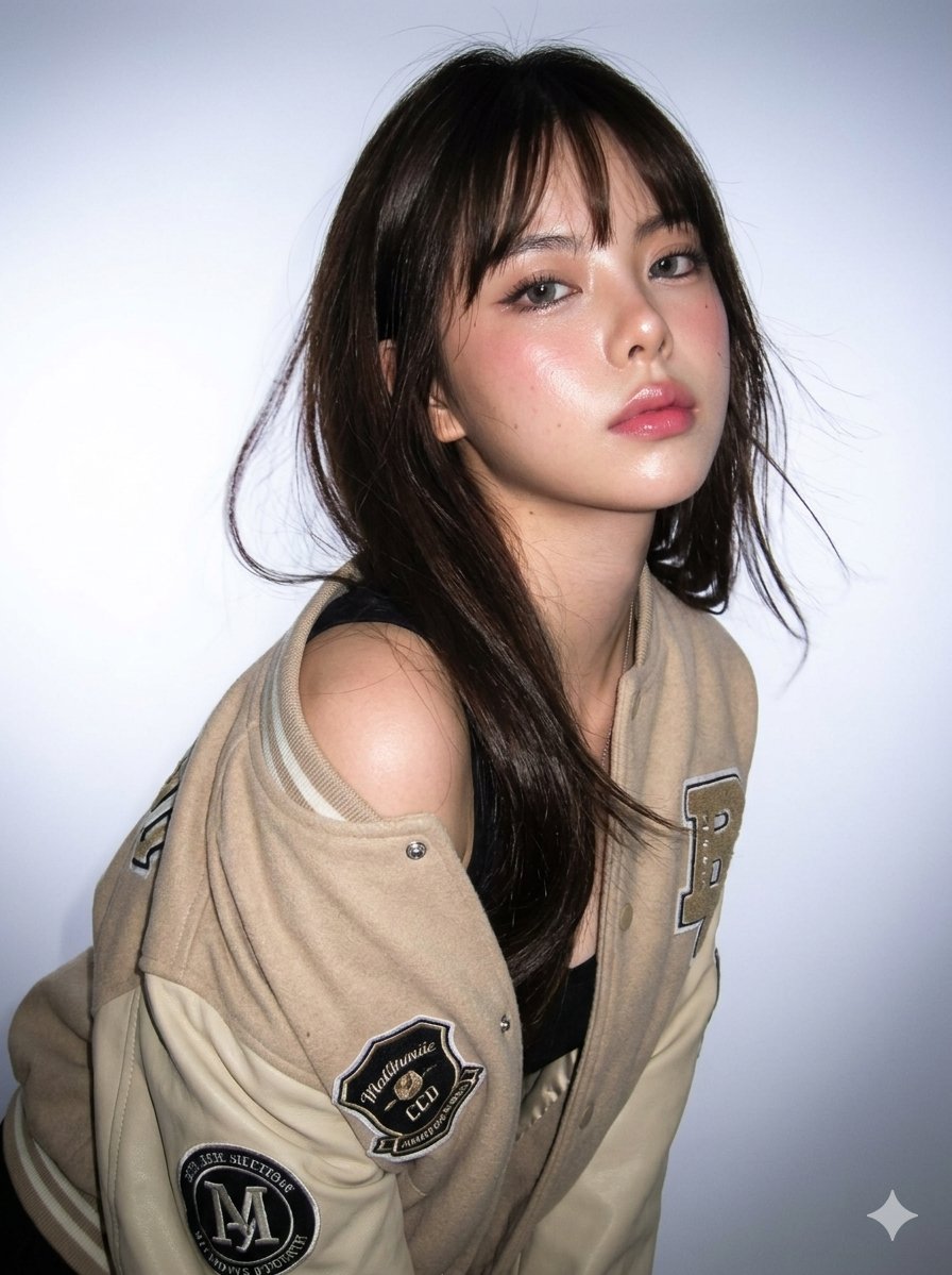 超写实时尚年轻女性肖像，超精细面部特征，可见毛孔，玫瑰色水润肌肤，高度身份一致性。 主体：微微前倾，肩膀倾斜，穿着米色校队夹克从一侧肩膀滑落，夹克内可见叠穿造型。 表情：自信，略…