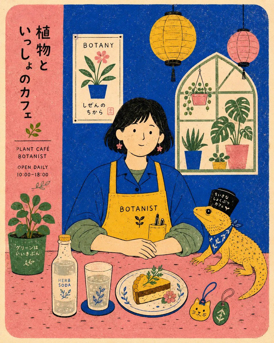 现代扁平版印风格的明信片海报插画，画面中[HUMAN]穿着[CLOTHING]，正面朝向观众，坐在一张简朴的咖啡桌后面，桌上与[ANIMAL]一起，处于[SCENERY]中。使用…