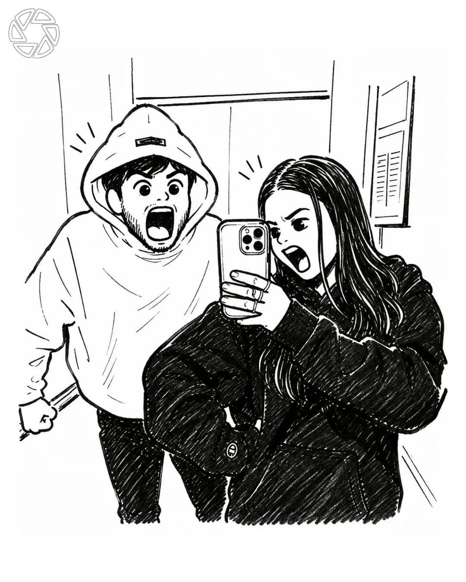 根据上传的照片创作一幅高度细致的黑白漫画插画，同时严格保留原始的姿势、构图、面部表情、服装和镜头角度。两位朋友正在一部现代电梯里拍摄镜子自拍。女孩站在前景，手持智能手机，身穿一件…