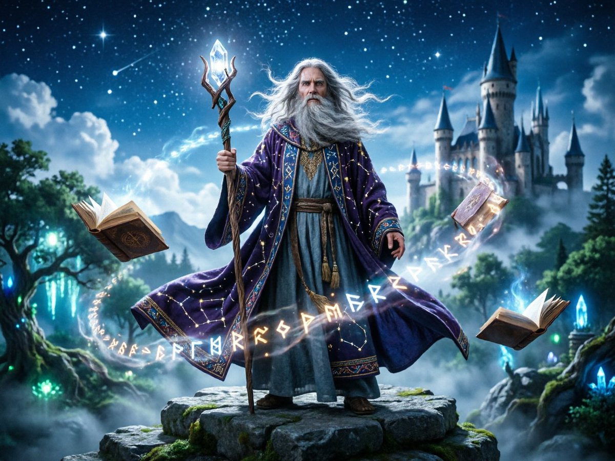 一位传奇巫师屹立于星空璀璨的夜空下的古老石崖之上，身披绣满天界星座的飘逸长袍，手持一根顶端镶嵌着发光水晶的华丽法杖，长长的银色胡须在风中轻柔飘动，魔法符文在空…