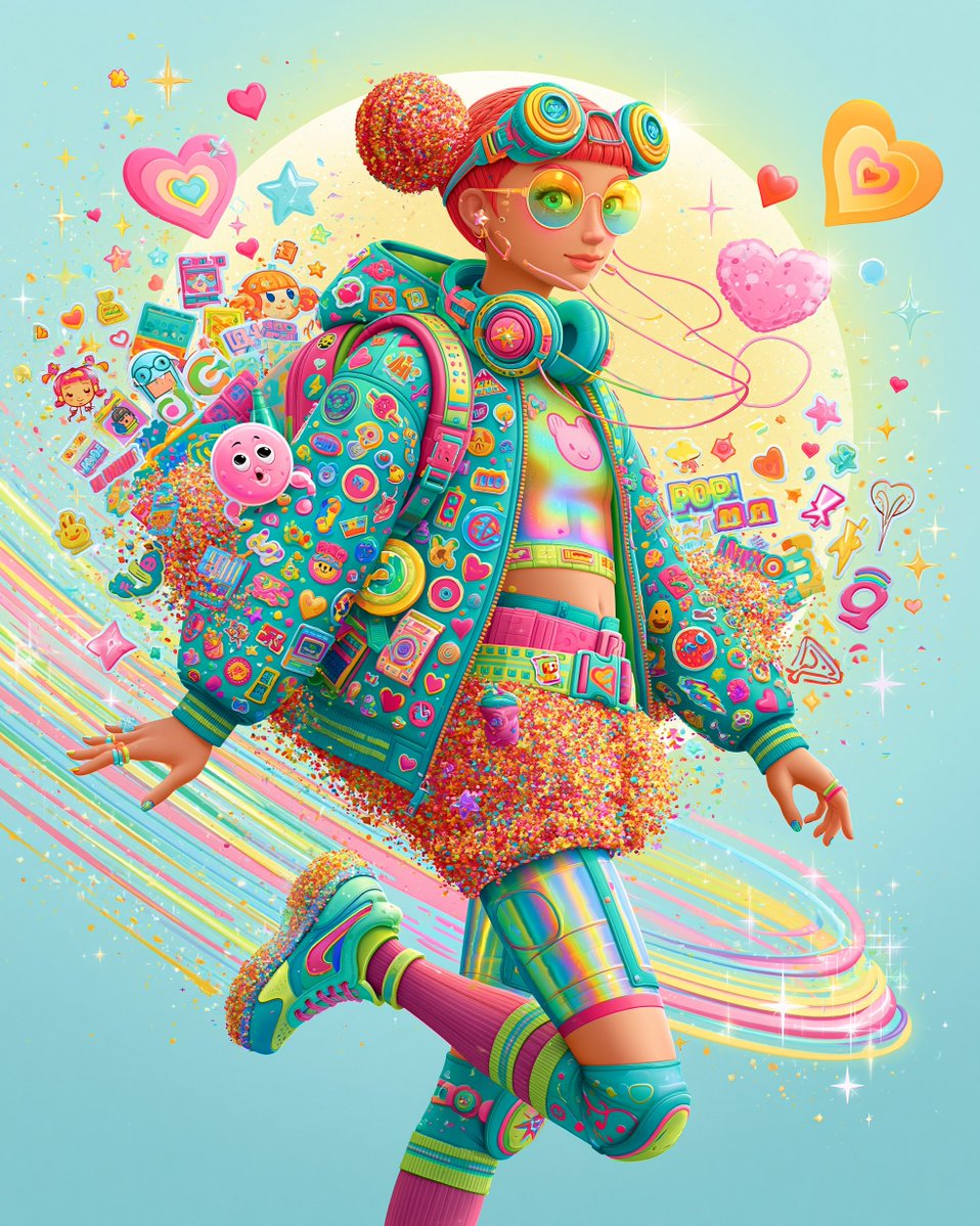 一幅充满活力、超风格化的插画，捕捉当代流行文化的精髓，散发着创意、少女感与俏皮疯狂的氛围；大胆的霓虹色、全息光泽、闪光爆炸、泡泡糖粉色美学、趣味贴纸与涂鸦、漂浮的爱心与星星、复古…