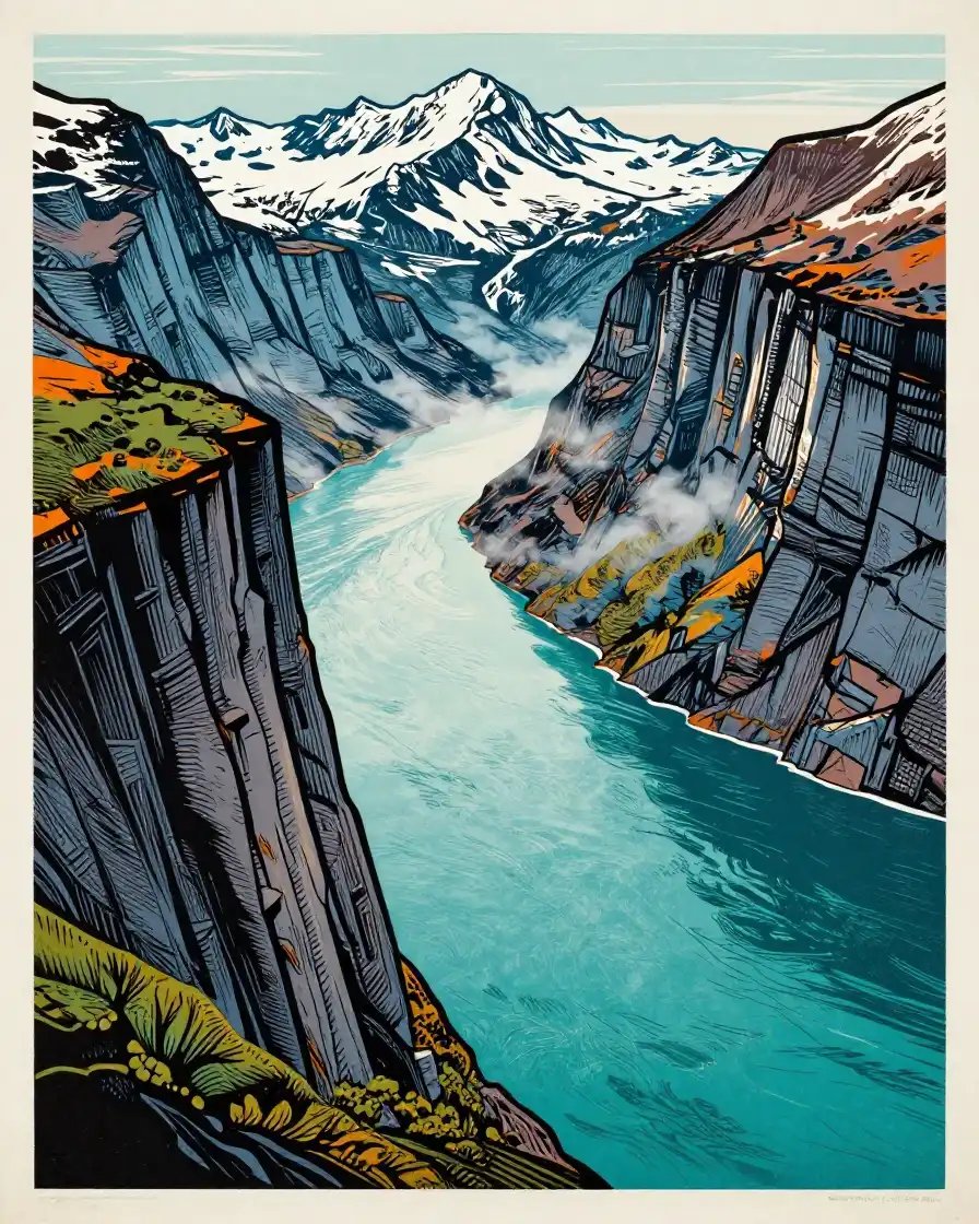 陡峭的峡湾景观，高耸的绝壁直插深绿松石色的水域，戏剧性的薄雾光影与远处积雪覆盖的山峰，充满原始力量的壮阔尺度，以大胆的亚麻版画浮雕印刷风格呈现，配以强烈的雕刻…