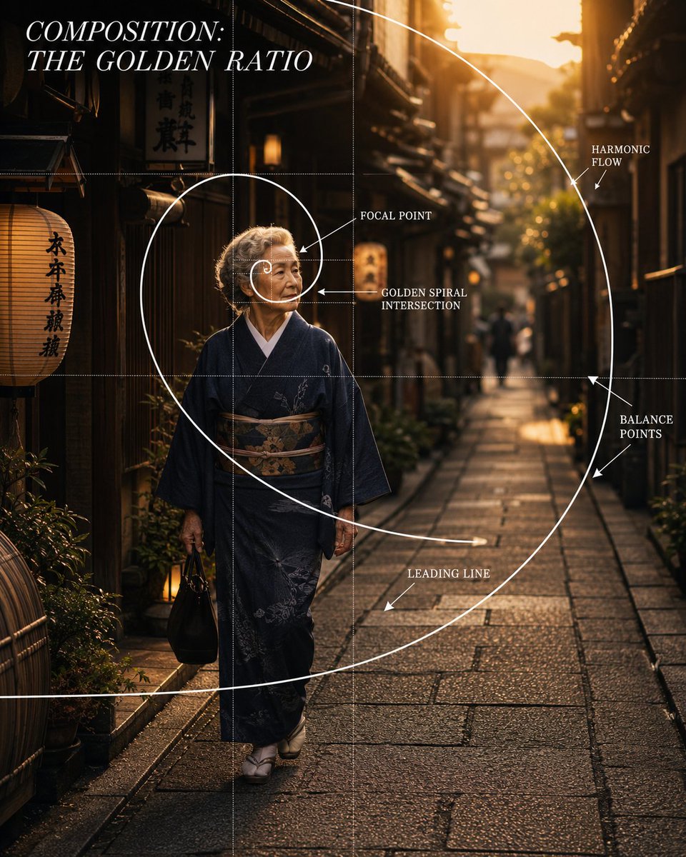 创作一张名为 COMPOSITION: THE GOLDEN RATIO（构图：黄金比例）的高端电影感摄影构图海报。 画面应呈现一张写实的电影风格街拍照片：一…