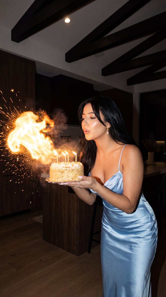 https://t.co/G727eWCaVI 超写实抓拍生日夜晚人像，9:16 竖向构图。一位身穿闪亮浅蓝色缎面细吊带连衣裙的女子，站在昏暗的现代室内空间里…