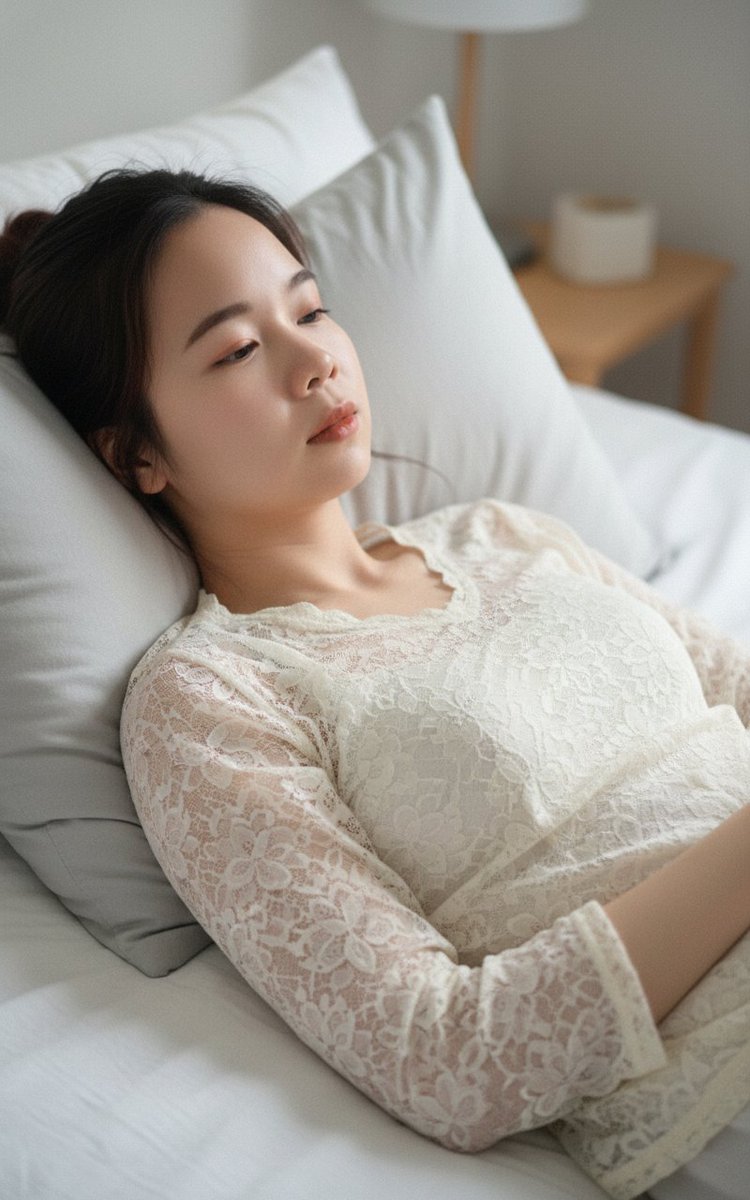 日本年轻女性在床上放松，身着朴素的蕾丝睡衣，柔和光线，舒适的肖像 SFW&教育性&100% 虚构 100% AI 生成，全着衣，仅 SFW，请将参考图像作为人…