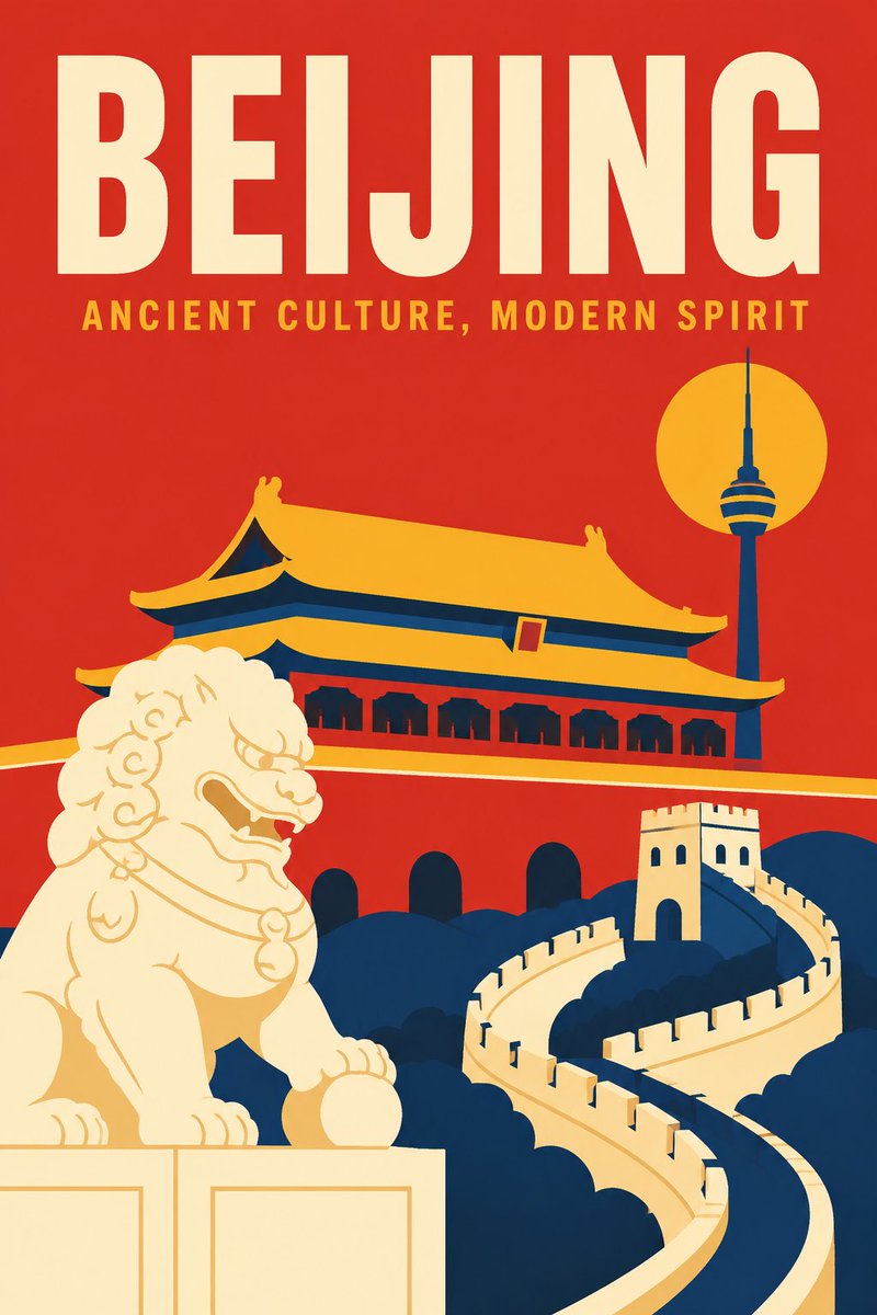 一张以[City Name]为城市的扁平极简风格旅行海报，特色是[Main Subject]的风格化插画。 使用干净的矢量形状，营造俏皮而简化的剪影效果。 顶部使用粗体无衬线字体…
