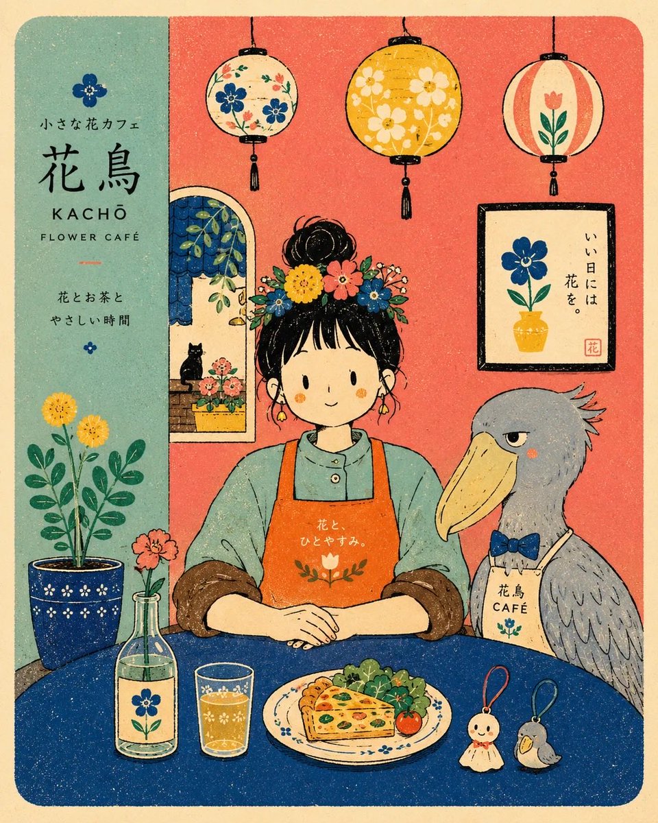 采用现代扁平风格、丝网印刷（riso）海报质感的插画：画面中[人类角色]身穿[服饰]，正面朝向观众，坐在一张简洁的咖啡桌后方，桌旁有[动物]，场景为[场景]。整体在温暖的米色纸张…